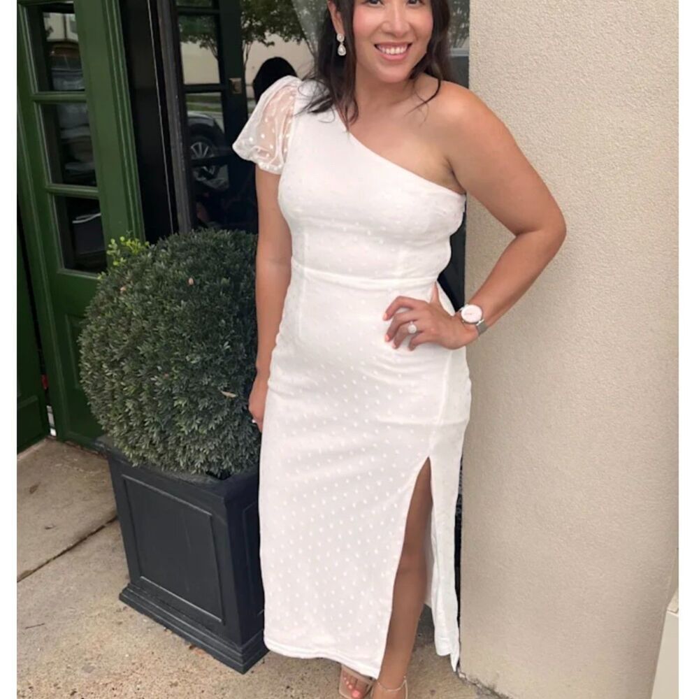 Lulus Amazing Glamour White Polka Dot Mesh One Shoulder Midi Dress Size XL NWT